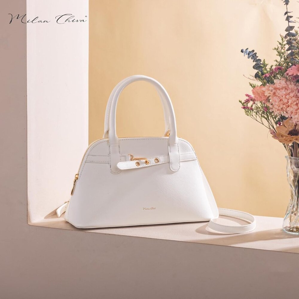 ⚡ Women's White Shoulder Strap Belted Top Handle Designer Crossbody Satchel Bag